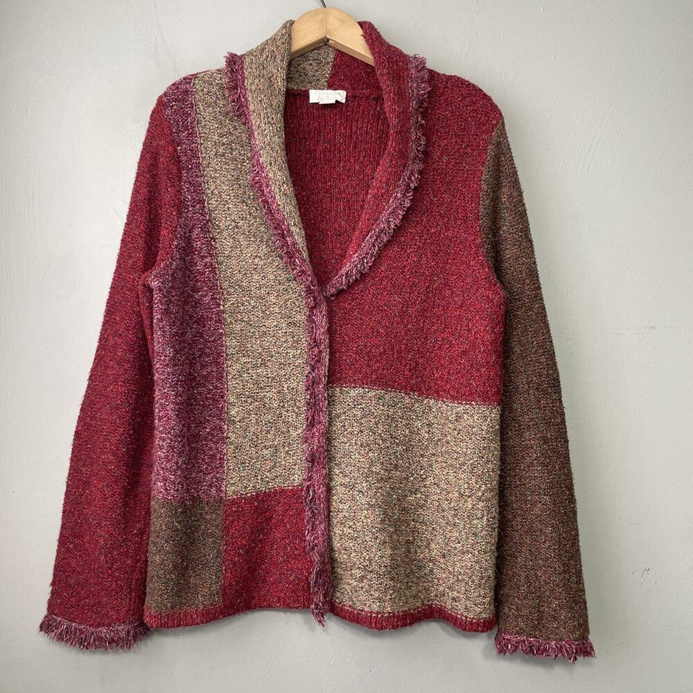 Patchwork Cardigan Size Medium Colorblock Fringed Sweater Artsy Festival Chunky